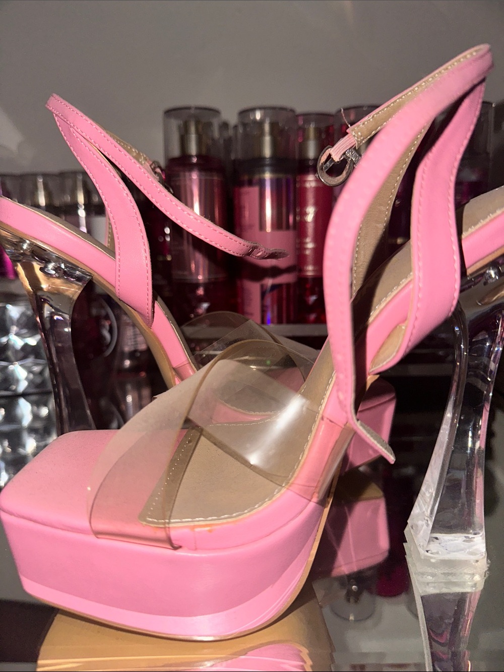 Fashion Nova Pink Platform Slingback Heels with Clear Straps